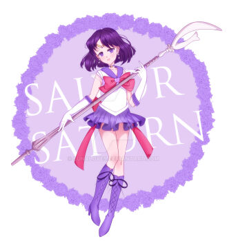 1girl bishoujo_senshi_sailor_moon boots bow bowtie brooch character_name choker circlet collarbone cross-laced_clothes cross-laced_legwear earrings elbow_gloves full_body gloves heart heart_brooch high_heel_boots high_heels highres holding holding_staff holding_weapon jewelry knee_boots looking_at_viewer lunalove9 magical_girl medium_hair outer_senshi purple_boots purple_choker purple_eyes purple_hair purple_skirt red_bow red_bowtie sailor_saturn sailor_senshi sailor_senshi_uniform silence_glaive skirt solo staff star_(symbol) star_choker tomoe_hotaru watermark weapon white_gloves