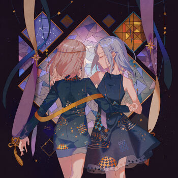 2girls bare_arms bare_shoulders black_background blue_dress bob_cut brown_hair closed_eyes closed_mouth commentary dancing dress facing_another facing_away feet_out_of_frame fen_renlei grey_hair hand_on_another's_shoulder head_chain jewelry long_sleeves matching_outfits medium_hair multiple_girls original pencil_skirt profile ribbon see-through_clothes short_dress short_hair skirt sleeveless sleeveless_dress square stained_glass star_(symbol) symbol-only_commentary