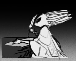 Rule 34 | 1other, black background, cloak, ded-lime, grey background, greyscale, holding, holding quill, hollow eyes, hollow knight, horns, monochrome, pale king (hollow knight), quill, robe, solo, white cloak, white robe, writing