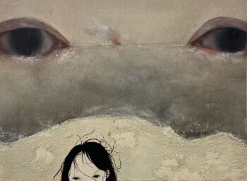 1girl beach black_eyes black_hair burning_ship commentary english_commentary eye_focus fire footprints hair_behind_ear highres horizon ishiguro_hikaru looking_at_viewer mixed-language_commentary ocean original out_of_frame outdoors smoke surreal traditional_media water what