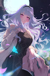 Rule 34 | 1boy, 1girl, absurdres, aran sweater, black dress, blush, breasts, brown cardigan, cable knit, cardigan, cherry, dress, falling petals, fingernails, floating hair, food, fruit, full moon, glint, grey hair, hand on own chest, happy tears, hetero, highres, holding hands, idolmaster, idolmaster (classic), idolmaster million live!, jewelry, large breasts, long hair, looking at viewer, marriage proposal, midnamana, moon, night, night sky, petals, pov, pov hands, producer (idolmaster), ring, shijou takane, sky, smile, sweater, sweater dress, tears, very long hair, wedding ring