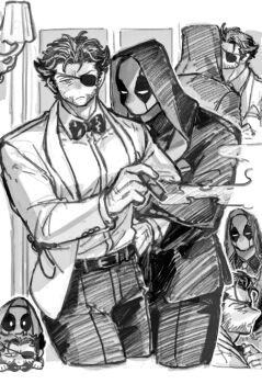 2boys animification belt bodysuit bow bowtie chibi cigar closed_mouth collared_shirt cowboy_shot deadpool deadpool_&amp;_wolverine deadpool_(series) dishing eyepatch facial_hair fingernails formal_clothes from_side greyscale highres holding holding_cigar hood jacket kiss lamp lapels long_sleeves looking_at_viewer male_focus marvel marvel monochrome multiple_boys multiple_views necktie open_clothes open_jacket open_mouth pants shirt short_hair simple_background smoke standing suit suit_jacket superhero_costume v-shaped_eyebrows wolverine_(x-men) x-men yaoi