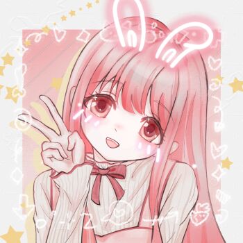 Rule 34 | 1girl, animal ears, arrow (symbol), bloom poetry (shining nikki), border, bow, bowtie, brown eyes, chinese commentary, collared shirt, commentary request, dot nose, drawn blush, drawn ears, dress, eyelashes, frilled shirt collar, frills, grey border, happy, head tilt, heart, highres, light blush, long hair, long sleeves, looking at viewer, nikki (nikki), nikki (series), open mouth, outside border, pinafore dress, pink background, pink dress, pink hair, rabbit ears, red bow, red bowtie, sample watermark, shining nikki, shirt, sidelocks, sleeveless, sleeveless dress, sleeves past wrists, smile, solo, star (symbol), straight-on, straight hair, striped clothes, striped shirt, tareme, teeth, upper body, upper teeth only, v, vertical-striped clothes, vertical-striped shirt, very long hair, watermark, white shirt, xiaoxiannujiejiuwa