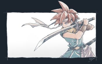 1boy belt blue_eyes blue_tunic chrono_trigger crono_(chrono_trigger) fighting_stance headband holding holding_sword holding_weapon katana male_focus michibata_65 red_hair solo spiked_hair sword tunic weapon