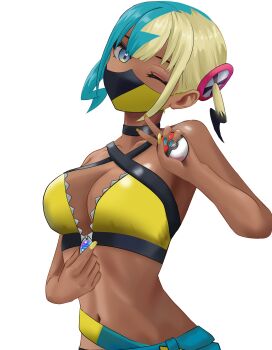 1girl absurdres bare_shoulders black_choker blonde_hair blue_eyes blue_nails breasts canari_(pokemon) choker cleavage collarbone dark-skinned_female dark_skin esteban_(estebaneishon) eyeshadow halterneck highres holding holding_poke_ball large_breasts looking_at_viewer makeup mask mouth_mask multicolored_hair nail_polish navel nintendo one_eye_closed pants partially_unzipped poke_ball pokemon pokemon_legends:_z-a short_hair shorts simple_background solo split-color_hair twintails two-tone_hair two-tone_mask two-tone_pants unzipping upper_body v white_background yellow_nails