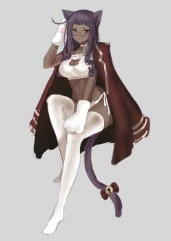 1girl ahoge animal_ears animal_hands bra breasts cat_cutout cat_ear_panties cat_ears cat_tail clothing_cutout coat coat_on_shoulders dark-skinned_female dark_skin dolsig_ilangnolja glasses gloves gold_trim highres katriel_(project_moon) lapels large_breasts library_of_ruina long_hair looking_at_viewer notched_lapels panties paw_gloves pince-nez project_moon protected_link purple_hair red_coat red_eyes round_eyewear sidelocks solo tail thighhighs underwear white_bra white_thighhighs