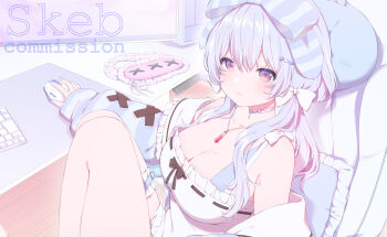 1girl absurdres blue_bow blue_jacket bow breasts chair choker cleavage closed_mouth commentary_request commission computer_mouse cross-laced_clothes cross-laced_sleeves dress frilled_dress frilled_jacket frills hair_bow hair_ornament heart heart_hair_ornament highres indoors jacket jewelry large_breasts long_hair long_sleeves low_twintails mole mole_on_breast necklace norada on_chair open_clothes open_jacket original pink_choker puffy_long_sleeves puffy_sleeves purple_eyes purple_hair ribbon-trimmed_dress ribbon_trim sitting skeb_commission sleeveless sleeveless_dress smile solo striped_bow twintails white_bow white_dress