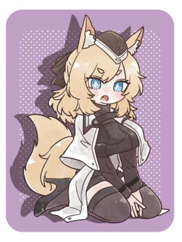 Rule 34 | 1girl, :o, animal ear fluff, animal ears, arknights, black hat, black shoes, black thighhighs, blonde hair, blue eyes, breasts, bright pupils, cape, commentary, drop shadow, fang, full body, hat, high heels, highres, long sleeves, looking at viewer, medium breasts, medium hair, nunnuje a u e, one-hour drawing challenge, open mouth, own hands together, purple background, shoes, sitting, solo, split mouth, tail, thighhighs, whislash (arknights), white cape, white pupils, yellow tail
