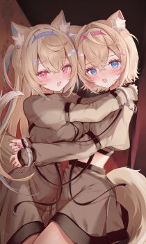 2girls :d absurdres alternate_costume animal_ear_fluff animal_ears bandaid bandaid_hair_ornament blonde_hair blue_eyes blue_hair blue_hairband blue_nails breasts brown_dress commentary cowboy_shot crop_top cropped_dress cuffs curtains dog_ears dog_girl dog_tail double-parted_bangs dress english_commentary eyelashes fang fingernails fuwawa_abyssgard hair_between_eyes hair_intakes hair_ornament hairband hairclip handcuffs highres hololive hololive_english hug large_breasts long_hair looking_at_viewer midriff mococo_abyssgard multicolored_hair multiple_girls neru5 one_side_up open_mouth pink_eyes pink_hair pink_hairband pink_nails puffy_sleeves short_hair siblings signature sisters skin_fang small_breasts smile strap streaked_hair sweatdrop tail virtual_youtuber x_hair_ornament