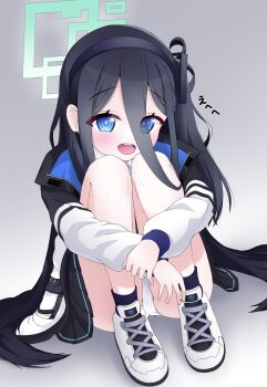 1girl aqua_halo aris_(blue_archive) black_hair black_hairband black_jacket black_skirt black_socks blue_archive blue_eyes blue_jacket blush bright_pupils collared_shirt commentary_request crossed_wrists double-parted_bangs eyes_visible_through_hair full_body gradient_background grey_background hair_between_eyes hairband halo highres hinatsuki_83 hugging_own_legs jacket knees_up long_bangs long_hair long_hair_between_eyes long_sleeves looking_at_viewer multicolored_jacket one_side_up open_clothes open_jacket open_mouth panties pantyshot pleated_skirt puffy_long_sleeves puffy_sleeves rectangular_halo ringed_eyes shadow shirt shoes sitting skirt smile sneakers socks solo teeth translation_request underwear upper_teeth_only very_long_hair white_jacket white_panties white_pupils white_shirt white_shoes