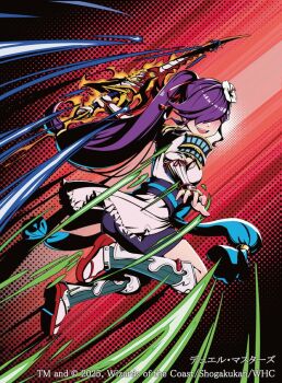 1girl 2025 armor aura black_shorts copyright_notice duel_masters flower hair_flower hair_ornament hair_over_eyes hair_ribbon high_ponytail holding holding_sword holding_weapon islay_(duel_masters) japanese_clothes kimono leg_armor long_hair looking_back niwachichi_(maekawasan) official_art okobo open_mouth pink_kimono platform_sandals ponytail purple_hair red_ribbon ribbon sandals shorts shoulder_armor socks solo sword teeth upper_teeth_only vambraces weapon white_flower white_socks