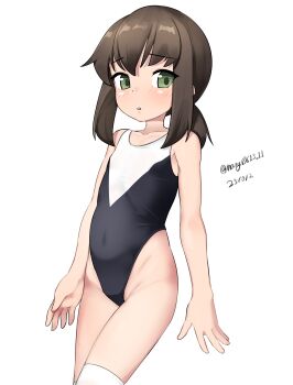 1girl absurdres alternate_costume black_hair black_leotard breasts covered_navel dated flat_chest fubuki_(kancolle) green_eyes highleg highleg_leotard highres kantai_collection leotard loli low_ponytail maru_(marg0613) medium_breasts multicolored_leotard one-hour_drawing_challenge ponytail solo thighhighs twitter_username two-tone_leotard white_thighhighs