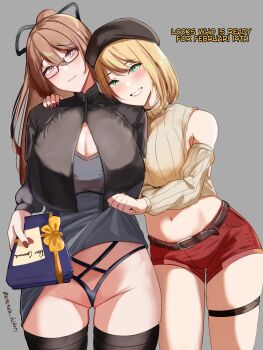alternate_costume ananda_hikari azur_lane belt beret black_jacket black_panties black_thighhighs blonde_hair blush breasts brown_belt brown_hair cleavage detached_sleeves dress fiji_(azur_lane) fiji_(trendy_and_vogue?)_(azur_lane) gift glasses green_eyes grey_dress hair_ribbon hand_on_another&#039;s_shoulder hat highres holding holding_gift jacket large_breasts long_hair looking_at_viewer midriff navel official_alternate_costume panties ponytail pulling_another&#039;s_clothes red_eyes red_shorts ribbon short_shorts shorts smile sweater swiftsure_(azur_lane) thigh_strap thighhighs underwear vertical-striped_sweater yellow_sweater