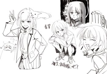 5girls blood blood_on_face blush bocchi_the_rock! cat chinese_commentary chinese_text closed_mouth commentary_request crying crying_with_eyes_open earrings greyscale haidao_mao highres hiroi_kikuri jacket jewelry miyagi_shiori monochrome multiple_girls naoi_(zenbu_kowashite_jigoku_de_aishite) open_clothes open_jacket open_mouth school_uniform sendai_hazuki sharp_teeth shuuniichido_classmate_wo_kau_hanashi squatting tears teeth translation_request under_covers v yoshizawa_kurumi zenbu_kowashite_jigoku_de_aishite