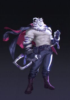 1boy alternate_costume alternate_hairstyle animal_ears arknights bara brass_knuckles chain chain_necklace clenched_hand dungeons_&amp;_dragons full_body furry furry_male high_ponytail highres jacket jacket_on_shoulders jacknguyenart jewelry large_pectorals looking_at_viewer male_focus mountain_(arknights) muscular muscular_male necklace pants pectorals ponytail solo standing thick_eyebrows tiger_boy tiger_ears tiger_stripes tsurime weapon white_hair