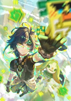 1boy absurdres ajaw_(genshin_impact) arm_tattoo arm_up black_gloves black_hair black_shirt bracelet chinese_commentary closed_mouth clothes_around_waist commentary_request diamond-shaped_pupils diamond_(shape) earrings facial_tattoo full_body genshin_impact gloves glowing glowing_tattoo green_eyes green_hair green_headband green_pants hair_between_eyes headband highres jewelry kinich_(genshin_impact) male_focus mo_le_ge_yi motion_blur multicolored_eyes multicolored_hair neck_tattoo pants shirt short_hair short_sleeves streaked_hair symbol-shaped_pupils tattoo two-tone_eyes variant_set yellow_eyes yumkasaurus_(genshin_impact) zipper zipper_pull_tab