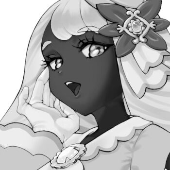 1girl az47266321 brooch dark-skinned_female dark_skin eyelashes fascinator greyscale half-closed_eyes hand_up jacinthe_(pokemon) jewelry long_hair looking_at_viewer looking_down low_drills monochrome nintendo open_mouth pokemon pokemon_legends:_z-a portrait solo teeth upper_teeth_only very_dark_skin
