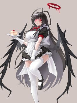1girl absurdres apron black_dress black_hair black_wings blue_archive blush dress food gloves halo highres holding holding_food leg_up liquid_halo long_hair looking_at_viewer maid maid_apron musclexm pink_eyes red_halo simple_background smile solo standing thighhighs tsurugi_(blue_archive) very_long_hair white_apron white_gloves white_thighhighs wings