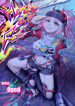 1girl abs absurdres arm_support arm_up arm_warmers artist_name asymmetrical_sleeves baseball_cap belt black_belt black_hat black_leg_warmers black_shorts breasts bridal_gauntlets chinese_commentary commentary_request cover cover_page crop_top cropped_jacket fingerless_gloves fishnet_bridal_gauntlets fishnet_socks fishnet_top fishnets full_body gloves graffiti green_eyes grin hair_through_headwear hat highres honkai:_star_rail honkai_(series) horned_hat indian_style jacket large_breasts leg_warmers long_hair looking_up midriff navel no_shoes oped open_clothes open_jacket parted_bangs pink_hair ponytail rappa_(honkai:_star_rail) red_arm_warmers red_jacket shadow shirt short_shorts shorts sidelocks single_glove single_sleeve_past_wrist sitting smile socks soles solo spray_can stirrup_legwear tied_shirt toeless_legwear uneven_sleeves very_long_hair white_belt white_shirt wrist_belt