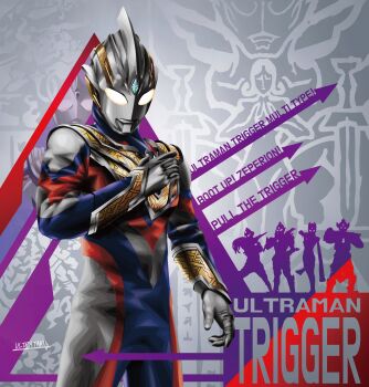 1girl 4boys absurdres alien arm_guards armor arrow_(symbol) artist_name breastplate carmeara character_name color_timer colored_skin commentary compound_eyes copyright_name cowboy_shot crystal darrgon dorsal_fin english_text forehead_jewel giant giant_male glowing glowing_eyes gold_trim gradient_eyes grey_background hand_up highres hudram looking_down male_focus multicolored_eyes multicolored_skin multiple_boys no_pupils pectorals purple_background purple_skin red_background red_skin signature silver_skin solo_focus tokusatsu toned toned_male trigger_dark ultra_series ultraman_tiga ultraman_tiga_(multi_type) ultraman_tiga_(series) ultraman_trigger ultraman_trigger_(multi_type) ultraman_trigger_(series) ultrataku white_eyes wrinkled_skin yellow_eyes