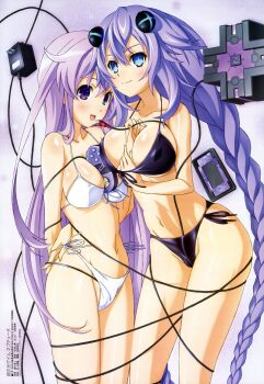 2girls absurdres bdsm between_breasts bikini blue_eyes blush bondage bound braid breasts cable cameltoe cleavage controller game_controller hand_on_own_chest headgear highres large_breasts legs long_hair low_twintails multiple_girls navel neptune_(neptunia) neptune_(series) official_art open_mouth purple_bikini purple_eyes purple_hair purple_heart_(neptunia) purple_sister sexually_suggestive siblings sisters smile swimsuit thighs twin_braids twintails white_bikini