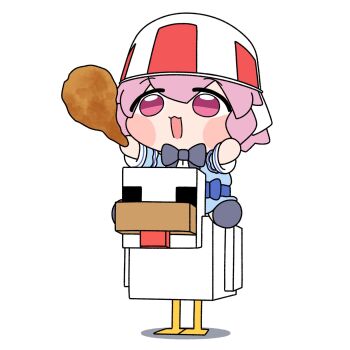 1girl bird blue_kimono blush bucket_hat chicken chicken_(food) chicken_(minecraft) chicken_jockey dress food fried_chicken hat highres japanese_clothes kimono long_sleeves minecraft open_mouth pink_eyes pink_hair ribbon riding saigyouji_yuyuko short_hair simple_background smile touhou white_background wide_sleeves y75zei