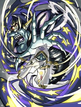 2boys blue_skin cleft_chin colored_skin hood hyness kirby kirby&#039;s_adventure kirby_star_allies kirby_(series) kumoketu long_nose multiple_boys nightmare_(kirby) nintendo open_mouth outstretched_hand robe sharp_teeth star_rod sunglasses teeth