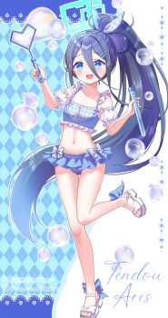 1girl :d absurdres alternate_costume aqua_bow aqua_eyes argyle_background aris_(blue_archive) artist_name bikini bikini_skirt bilibili_username blue_archive blue_background blue_bikini blue_bow blue_hair blue_nails blush bottle bow bow_bikini breasts bright_pupils bubble bubble_wand character_name cleavage collarbone commentary detached_sleeves double-parted_bangs fingernails floating_hair footwear_bow frilled_bikini frilled_straps frills full_body hair_between_eyes hair_bow hair_ornament hairclip hands_up high_ponytail highres holding holding_bottle holding_wand long_bangs long_hair long_hair_between_eyes long_sidelocks looking_at_viewer making-of_available miomio1568315 multicolored_bow navel open_mouth parallel_hairclips plaid_bikini plaid_bow plaid_clothes ponytail puffy_detached_sleeves puffy_sleeves ringed_eyes sandals see-through_clothes see-through_sleeves sidelocks smile soap_bubbles solo spaghetti_strap standing standing_on_one_leg swimsuit teeth toenails toes twitter_username twitter_x_logo upper_teeth_only very_long_hair wand white_background white_pupils white_sandals