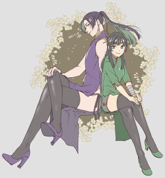 Rule 34 | 1boy, 1girl, aqua eyes, bandaged wrist, bandages, bare shoulders, black thighhighs, blunt bangs, border, breasts, brown background, closed mouth, commentary request, crossdressing, crossdressing (mtf), crossed legs, dated, dress, earrings, full body, green dress, green hair, green nails, green shoes, grey border, high heels, highres, jewelry, jinshi (kusuriya no hitorigoto), kusuriya no hitorigoto, maomao (kusuriya no hitorigoto), medium breasts, nail polish, parted bangs, pink eyes, ponytail, pumps, purple dress, purple hair, purple nails, purple shoes, shoes, shorts under dress, sitting, smile, takehide, tassel, tassel earrings, thighhighs