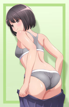 1girl akippoi_0919 ass back black_eyes black_hair blue_skirt breasts closed_mouth clothes_pull commentary crotch_seam from_behind green_background grey_sports_bra grey_sports_panties highres leaning_forward looking_at_viewer looking_back no_shirt open_clothes open_skirt original panties pleated_skirt pulling_own_clothes short_hair skirt skirt_pull small_breasts smile solo sports_bra sports_panties standing underwear undressing