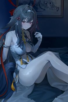 Rule 34 | 1girl, absurdres, animal ear fluff, animal ears, armlet, bare shoulders, blush, breasts, brown hair, china dress, chinese clothes, closed mouth, clover, clover hair ornament, collarbone, dress, droopy ears, feet out of frame, hair ornament, hairband, hand up, hashtag-only commentary, highres, indoors, jewelry, knees up, large breasts, long hair, on bed, painting (object), pelvic curtain, pengrani, red eyes, silver armlet, sitting, smile, solo, sweat, tail, very long hair, white dress, white hairband, ye shunguang, zenless zone zero