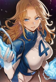 1girl blonde_hair blue_bodysuit blue_eyes blush bodysuit breasts earrings fantastic_four gloves highres jewelry long_hair looking_at_viewer marvel marvel_rivals multicolored_bodysuit smile solo sue_storm superhero_costume two-tone_bodysuit warotamin3 white_bodysuit