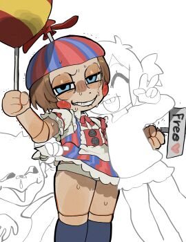absurdres annoyed balloon balloon_boy_(fnaf) bandaid blush bnm6517 buttons child clenched_hand clenched_teeth dress five_nights_at_freddy's forced_smile frilled_dress frills highres holding holding_sign joints looking_at_viewer panties propeller_hat robot robot_joints short_hair sign simple_background skirt_peek smile snot socks striped_clothes sweat teeth underwear v