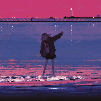 1girl absurdres cardigan closed_eyes facing_viewer hand_up hashtag-only_commentary highres long_hair low_twintails natori_sana natori_sana_(school_uniform) neckerchief ocean official_alternate_costume outdoors sailor_collar sakutaro_(39ar_39ca) sana_channel school_uniform serafuku skirt smile solo twintails virtual_youtuber