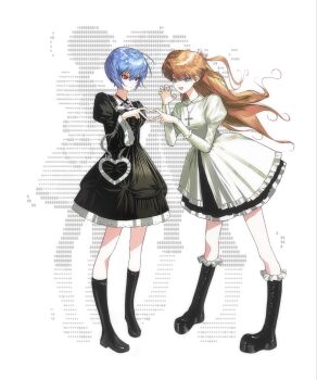 2girls alternate_costume ascii_art ayanami_rei black_boots black_dress blue_eyes blue_hair boots brooch cross cross_necklace dress frilled_boots frilled_dress frilled_sleeves frills full_body gem guigui_rongrong heart heart-shaped_bag heart_brooch heart_hands highres jewelry knee_boots lolita_fashion long_hair multiple_girls necklace neon_genesis_evangelion open_mouth pink_gem puffy_sleeves red_eyes red_hair short_hair souryuu_asuka_langley standing white_dress