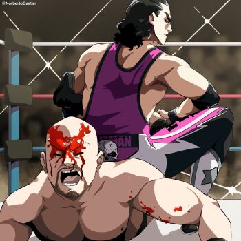 2boys bald beard black_hair blood blood_on_face bret_hart brown_eyes closed_eyes commentary english_commentary facial_hair highres male_focus medium_hair multiple_boys norbertogaetan scorpion_deathlock stone_cold_steve_austin submission_hold twitter_username wrestler wrestling wrestling_outfit wrestling_ring wwe