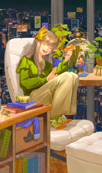 1girl absurdres arknights book brown_hair brown_skirt cellphone charm_(object) city_lights cup elf green_sweater highres indoors key laurel_crown laurels long_hair lyuqiu magallan_(arknights) mid-autumn_festival mole mole_under_eye mooncake muelsyse_(arknights) necktie night open_mouth phone plant pointy_ears scenery shirt skirt smile socks sweater teacup video_call white_shirt window yellow_necktie