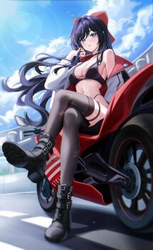 Rule 34 | 1girl, absurdres, belt, black belt, black boots, black bra, black choker, black hair, black panties, black thighhighs, blue eyes, blue sky, blush, boots, bow, bra, breasts, building, choker, cleavage, cloud, collarbone, commentary, criss-cross straps, day, floating hair, hair between eyes, hair bow, hair intakes, hair ornament, hand in own hair, hand up, heart, heart hair ornament, highleg, highleg panties, highres, jacket, juchyoko, large bow, large breasts, legs, lens flare, light particles, long hair, long sleeves, looking at viewer, mole, mole on breast, motor vehicle, motorcycle, navel, on motorcycle, open clothes, open jacket, outdoors, panties, parted lips, red bow, road, shirayuki hina, shoes, side-view mirror, sideboob, sidelocks, single bare shoulder, sitting, sky, solo, stellive, stomach, sun, sunlight, thighhighs, thighs, two-sided fabric, two-sided jacket, underwear, very long hair, virtual youtuber, white jacket