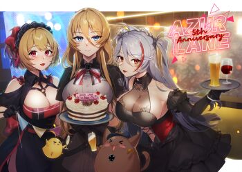 &gt;_&lt; 3girls :d alcohol anniversary antenna_hair azur_lane baby_animal bare_shoulders beer beer_mug belt_collar between_breasts bird bismarck_(azur_lane) bismarck_(iron_black_elysium)_(azur_lane) black_dress black_gloves blonde_hair blue_eyes blush blush_stickers breasts cake cat chest_harness chick cleavage closed_mouth clothing_cutout collar collarbone collared_dress commentary_request copyright_name cowboy_shot cross cup dress drinking_glass elbow_gloves food framed_breasts gloves grey_hair grey_shirt hair_between_eyes hair_ribbon half_gloves harness highres holding holding_plate holding_string holding_tray indoors iron_cross large_breasts leipzig_(azur_lane) leipzig_(storefront_training)_(azur_lane) long_hair looking_at_viewer maid maid_headdress maitei_roppa manjuu_(azur_lane) meowfficer_(azur_lane) mug multicolored_hair multiple_girls navel navel_cutout official_alternate_costume open_mouth orange_eyes plate prinz_eugen_(azur_lane) prinz_eugen_(kindred_evening_spirits)_(azur_lane) puffy_short_sleeves puffy_sleeves purple_eyes red_hair red_ribbon ribbon see-through_clothes see-through_dress shirt short_hair short_sleeves shoulder_cutout sidelocks sleeveless sleeveless_dress smile streaked_hair string string_of_flags tray two_side_up very_long_hair wine wine_glass