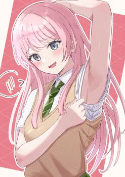 Rule 34 | 1girl, absurdres, arm behind head, arm up, armpit focus, armpits, azakura (beniyomogi), bang dream!, bang dream! it's mygo!!!!!, blush, brown sweater vest, chihaya anon, collared shirt, commentary request, diagonal-striped clothes, diagonal-striped necktie, fang, green necktie, grey eyes, grid background, highres, long hair, looking at viewer, necktie, open mouth, pink background, pink hair, presenting armpit, raised inner eyebrows, school uniform, shirt, short sleeves, sleeve pull, solo, speech bubble, spoken blush, straight hair, striped clothes, sweater vest, upper body, variant set, white shirt, wing collar