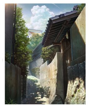 awning blue_sky border cloud commentary_request day door highres kgpmdn268 no_humans original outdoors path retaining_wall road scenery shadow sky tree white_border