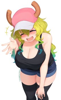 +++ 1girl :d ^_^ absurdres adversarial_noise artist_name bare_arms bare_shoulders black_tank_top black_thighhighs blonde_hair blue_hair blue_shorts blush breasts cleavage closed_eyes commentary english_commentary facing_viewer gradient_hair green_hair hair_between_eyes hand_on_own_knee hat highres horns horns_through_headwear huge_breasts kobayashi-san_chi_no_maidragon large_breasts leaning_forward long_hair lucoa_(maidragon) multicolored_hair open_mouth short_shorts shorts simple_background smile solo tank_top teeth thighhighs upper_teeth_only very_long_hair wavy_hair white_background yoako