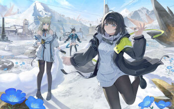 Rule 34 | 3girls, absurdres, animal ears, architecture, arknights, arknights: endfield, bare shoulders, black hair, black jacket, black pantyhose, blonde hair, blue eyes, blue flower, blue sky, boots, breasts, chen qianyu (arknights), chinese commentary, closed mouth, commentary request, day, dress, drop-shaped pupils, endministrator (arknights), female endministrator (arknights), flower, gradient eyes, grey hair, grey sweater, hairband, highres, hill, holding, holding hands, jacket, long hair, long sleeves, looking at viewer, medium breasts, mountain, multicolored eyes, multiple girls, off shoulder, open clothes, open jacket, originium (arknights), outdoors, pantyhose, perlica (arknights), ribbed sweater, shoes, short dress, short hair, sky, sleeveless, smile, snow, standing, standing on one leg, sweater, sweater dress, symbol-shaped pupils, thigh strap, thighhighs, turtleneck, turtleneck sweater, w-baiye, weapon, white dress, white jacket, white sweater, yellow eyes, yellow pupils