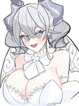 1girl bare_shoulders breasts cleavage demon_horns demon_wings detached_sleeves dress duel_monster earrings grey_eyes grey_hair highres horns jewelry large_breasts looking_at_viewer lovely_labrynth_of_the_silver_castle open_mouth pointy_ears short_hair sira_tise smile solo upper_body white_dress wings yu-gi-oh!