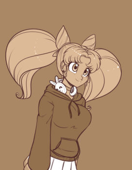 1girl aged_up bishoujo_senshi_sailor_moon chibi_usa choker cone_hair_bun double_bun hair_bun headphones headphones_around_neck highres hood hoodie long_hair monochrome parted_bangs scorpdk skirt smile solo twintails white_skirt