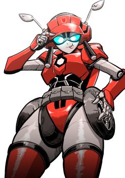 1girl :p autobot borrowed_character deepdish_(jeetdoh) draw_this_in_your_style_challenge highres looking_at_viewer mecha oohara_tetsuya original robot simple_background smile solo tongue tongue_out transformers transformers_animated white_background