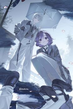 Rule 34 | 1boy, 1girl, 9nyo, black choker, black necktie, black shoes, brown sweater, character request, choker, collared shirt, commission, copyright request, curly hair, dress shirt, ear piercing, from above, from below, grey eyes, grey hair, grey jacket, grey skirt, grin, hairband, hand in pocket, hand up, hands on own knees, hashtag-only commentary, headphones, headphones around neck, holding, holding umbrella, jacket, lapels, legs together, light blush, light smile, loafers, looking at viewer, looking down, necktie, open clothes, open jacket, outdoors, pants, parted bangs, petals, piercing, puddle, purple eyes, purple hair, reflection, reflective liquid, school uniform, shirt, shirt under sweater, shoes, short hair, skirt, smile, squatting, standing, sweater, thighhighs, twitter username, umbrella, white hairband, white pants, white shirt, white thighhighs, zettai ryouiki