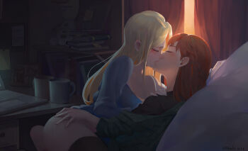 2girls akechi_(826988799) anna_(frozen) bedroom blonde_hair blush book bookshelf breasts cleavage closed_eyes computer cup curtains door elsa_(frozen) frozen_(disney) grabbing_another's_ass groping highres incest indoors kiss long_hair medium_breasts mug multiple_girls siblings signature sisters stuffed_animal stuffed_toy window yuri