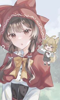 Rule 34 | 2girls, absurdres, ahoge, alternate costume, animal ears, big bad wolf, big bad wolf (cosplay), black shorts, black vest, blush, brown corset, brown hair, capelet, carin (c arin1012), closed eyes, collared shirt, commentary request, corset, cosplay, fang, flower, frilled hair tubes, frills, hair tubes, hakurei reimu, heart, highres, holding, holding flower, hood, hood up, hooded capelet, kemonomimi mode, kirisame marisa, little red riding hood (fairy tale), little red riding hood (fairy tale character), little red riding hood (fairy tale character) (cosplay), looking at viewer, multiple girls, open mouth, red capelet, red hood, shirt, shorts, tail, touhou, vest, white shirt, wolf ears, wolf girl, wolf tail, yuri