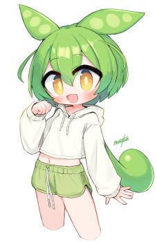 1girl commentary_request cropped_legs drawstring green_hair green_shorts highres hood hoodie long_sleeves nanatsuta navel open_mouth shorts simple_background smile solo voicevox white_background white_hoodie yellow_eyes zundamon